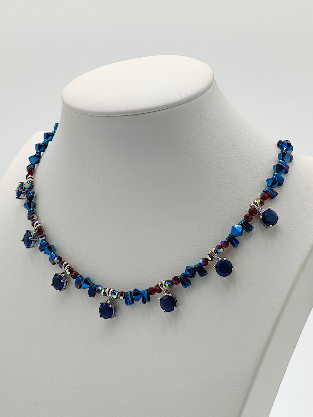 Sapphire Blue and Ruby Crystals Necklace