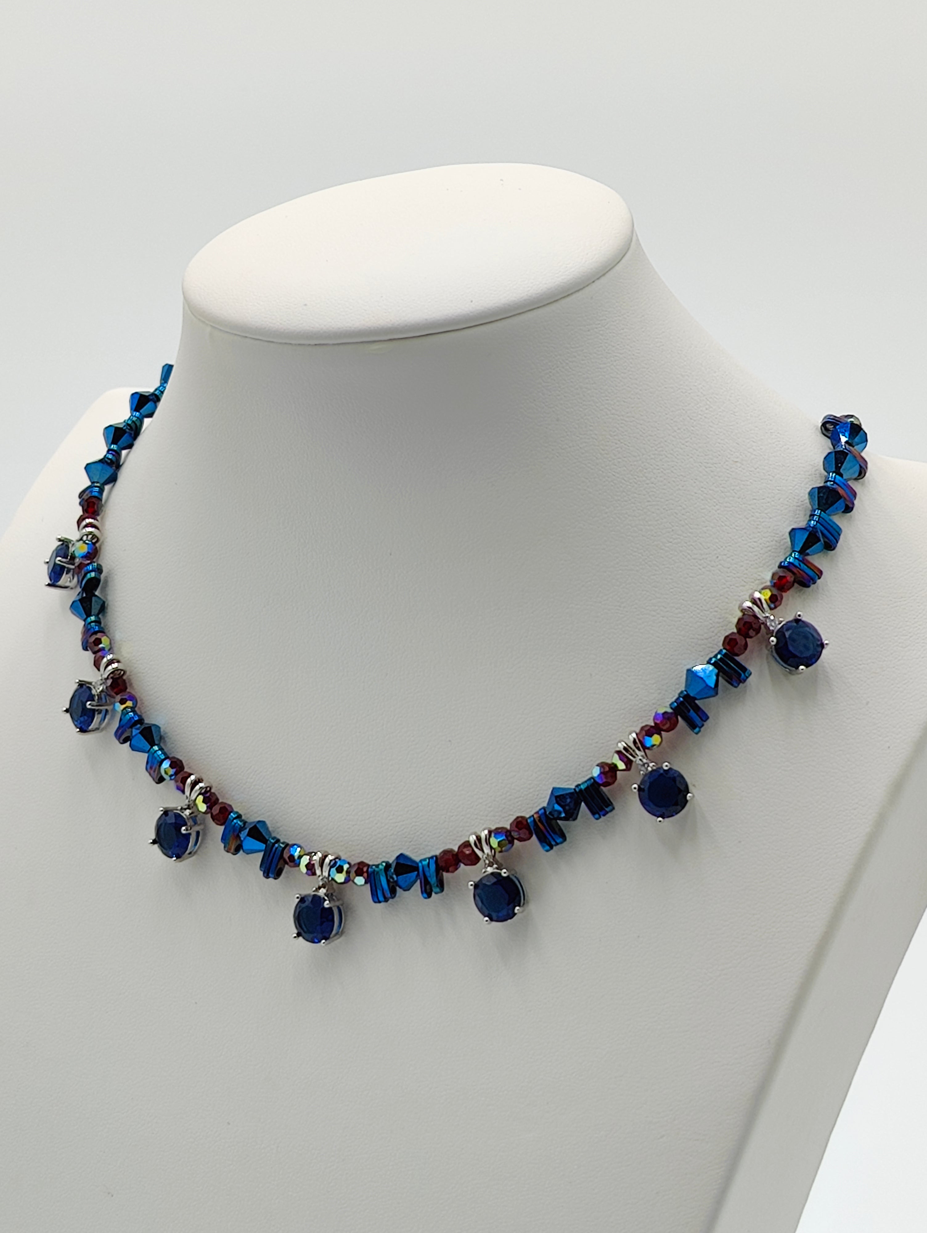 Sapphire Blue and Ruby Crystals Necklace