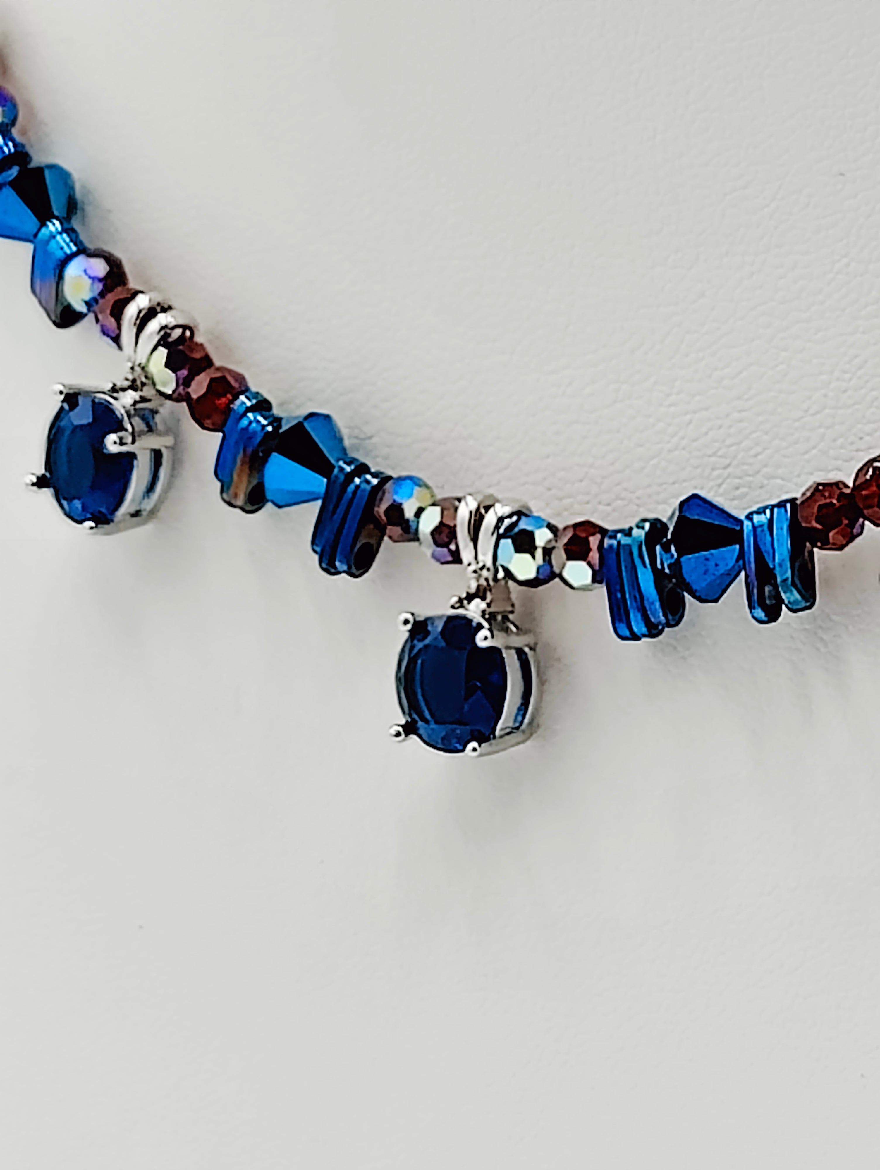 Sapphire Blue and Ruby Crystals Necklace