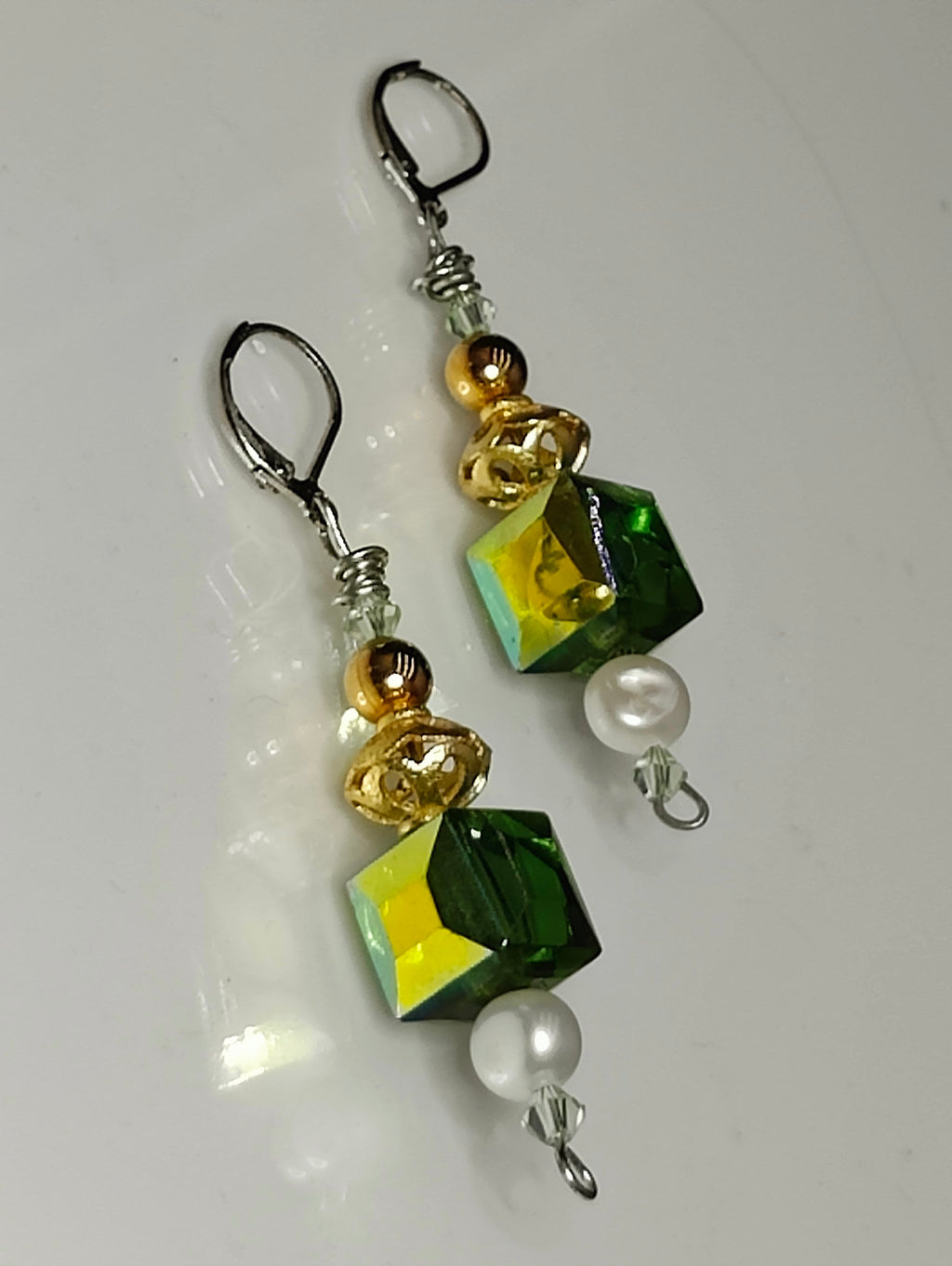 Green Crystal and Pearls Earrings