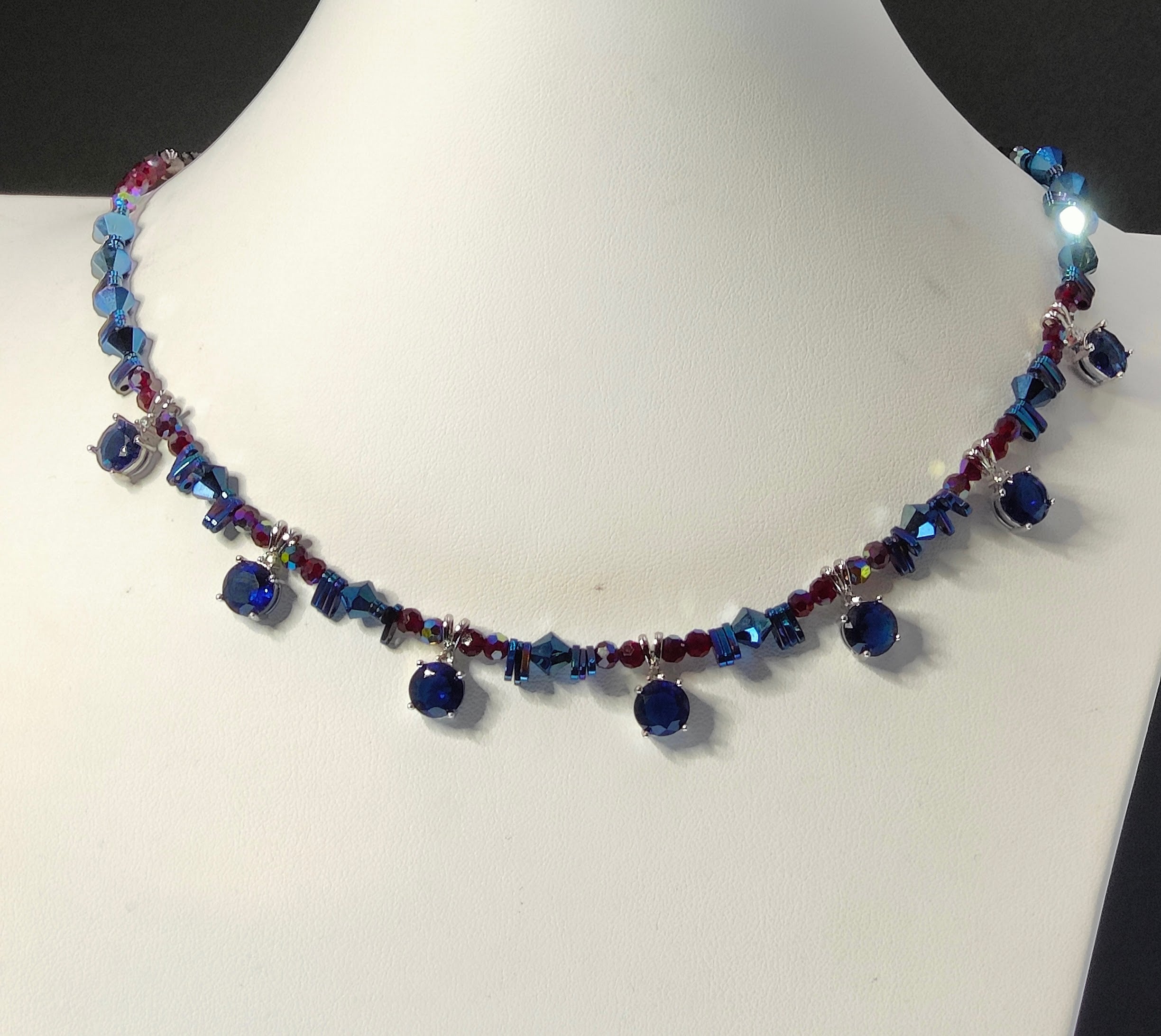 Sapphire Blue and Ruby Crystals Necklace
