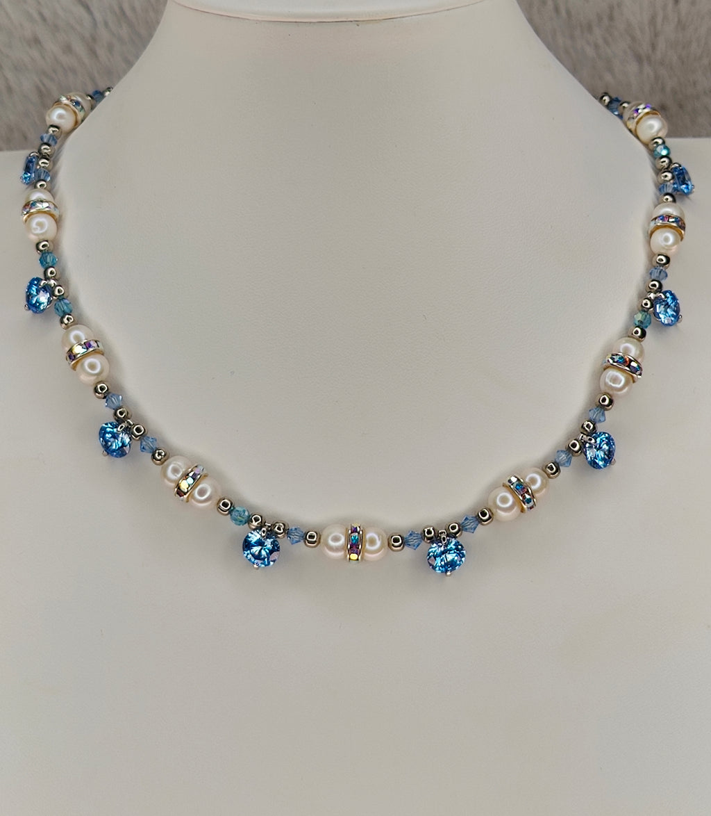 Aqua Crystals and Pearls Choker