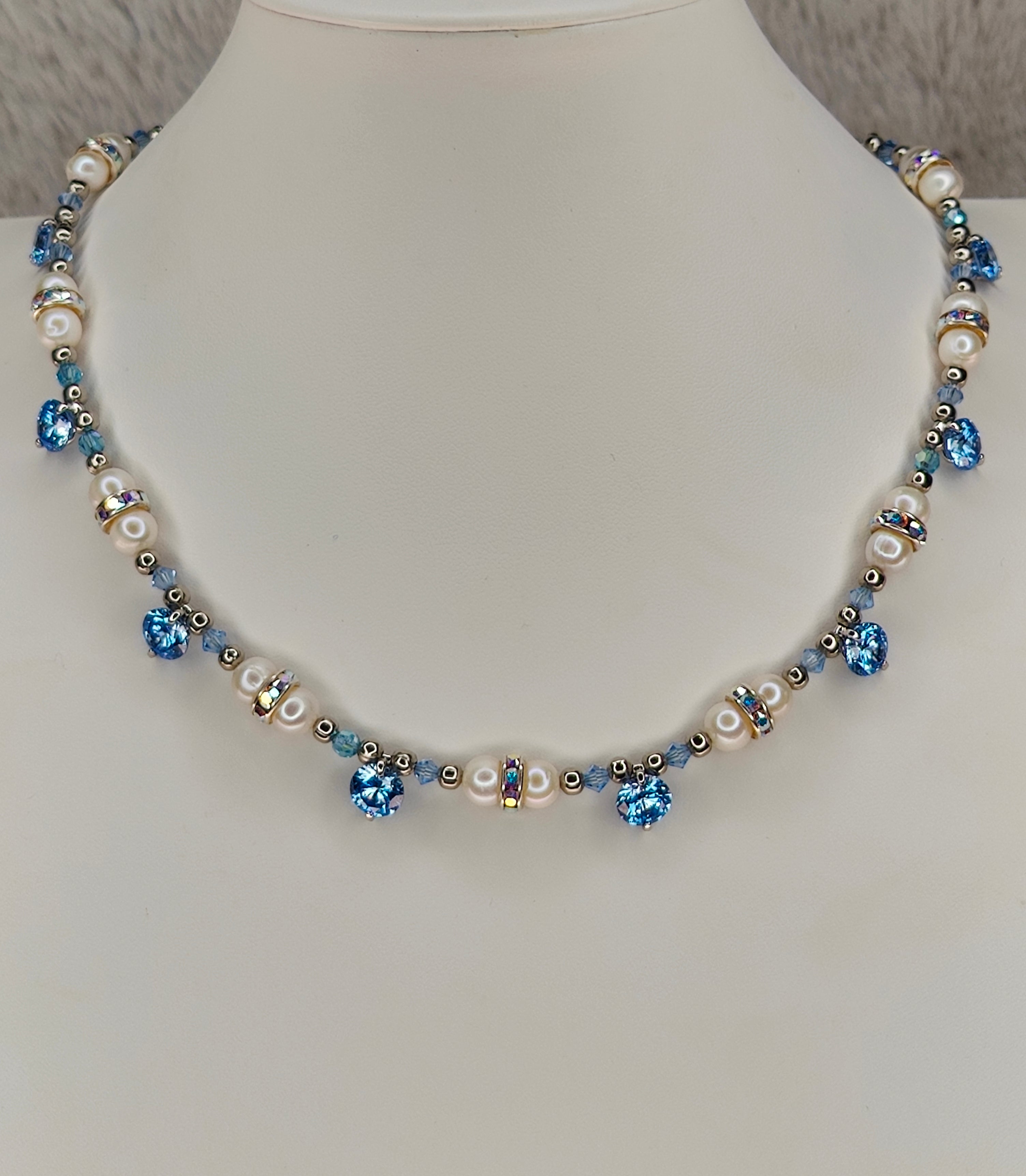 Aqua Crystals and Pearls Choker
